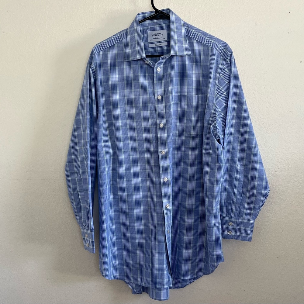 Charles Tyrwhitt Classic Fit Long Sleeve Button Up Shirt Blue Plaid  16 1/2 x 33
